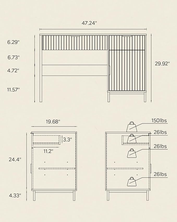 47 Executive Desk with Fluted Drawers Wooden Home Office Desk with Storage Cabinet Charging Station Metal Legs Modern Farmhouse Computer Desk for Work Study Natural Oak