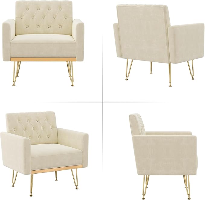 Olela Accent Chair with Arm for Living Room Velvet Modern Armchair Single Sofa Cozy Tufted Upholstered Reading Side Chairs with Gold Metal Leg for Bedroom Decorate