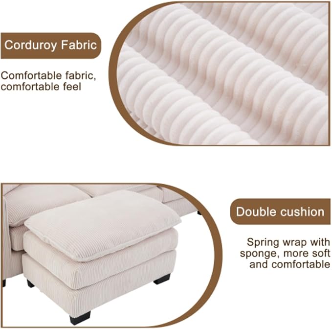 Modern U Shaped 6-seat Sectional Sofa Couch with one Ottoman and Three toss PillowsModular Sofa for Living RoomCorduroy Sofa (WhiteCorduroy-7 Seat)