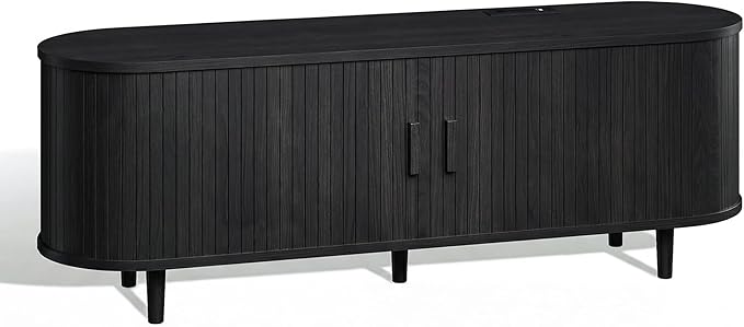 58 Mid Century Modern TV Stand Wood TV Consoles with Sliding Doors and Power Outlet Fluted Entertainment Center with Adjustable Shelves Media Console for Living Room Black