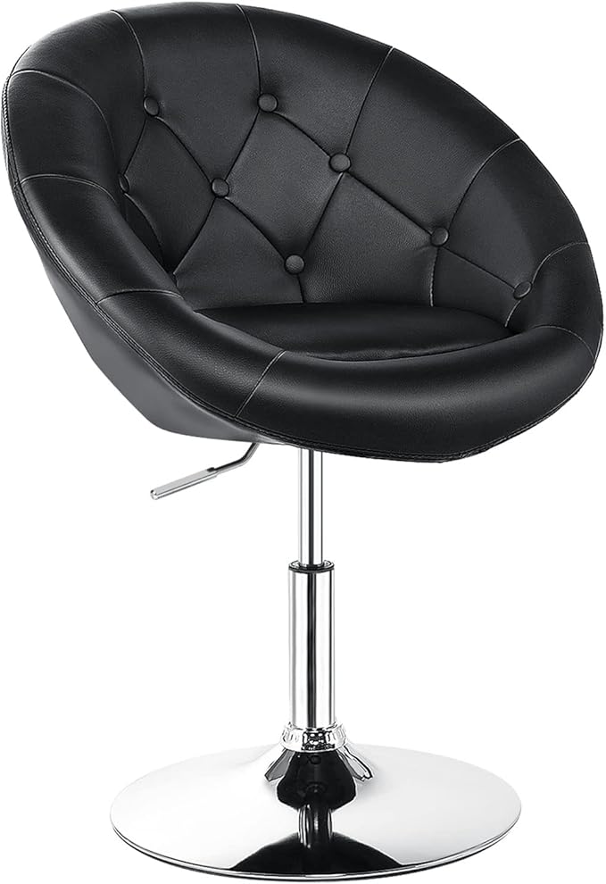 KOTEK Swivel Vanity Chair Height Adjustable Swivel Accent Chair w/Chrome Frame Modern Round Tufted Makeup Chair for Living Room Bedroom Lounge (1 Black)