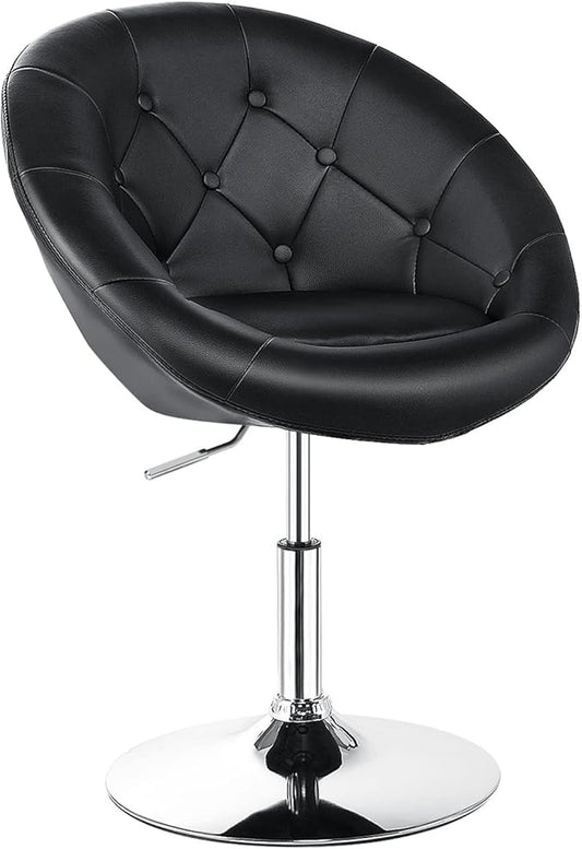 KOTEK Swivel Vanity Chair Height Adjustable Swivel Accent Chair w/Chrome Frame Modern Round Tufted Makeup Chair for Living Room Bedroom Lounge (1 Black)