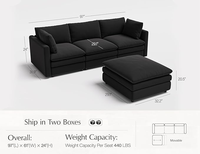 Txtin's Cloud Couches for Living Room L Shaped Sectional Couch with Ottoman Deep Plush 4 Seats Sofa Modern Sofa for Apartment Black