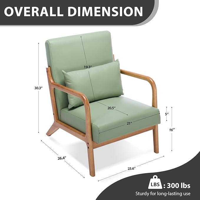 Mid Century Modern Accent Chair Arm Chair Living Room Chairs with Lumbar Pillow Upholstered Reading Chair with Solid Wood Frame &amp Cat-Scratch Leather for Living Room Bedroom