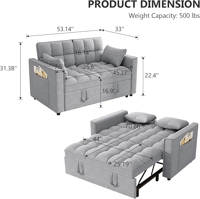 Hommoo 53 Sleeper Sofa Bed Pull Out Couch Convertible 3 in 1 Futon Lounge Sofa Small Love Seat for Living Room Apartment Comfy Velvet Reclining Back with Pillows and Pockets Light Grey