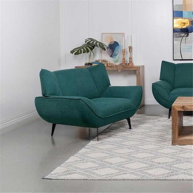 Pemberly Row Mid-Century Wing Back Accent Chair Teal Fabric Upholstery 32.25H x 43.25W x 34.5D Black Metal Legs Foam Cushions Stylish Modern Lounge Seating for Living Room or Compact Spaces