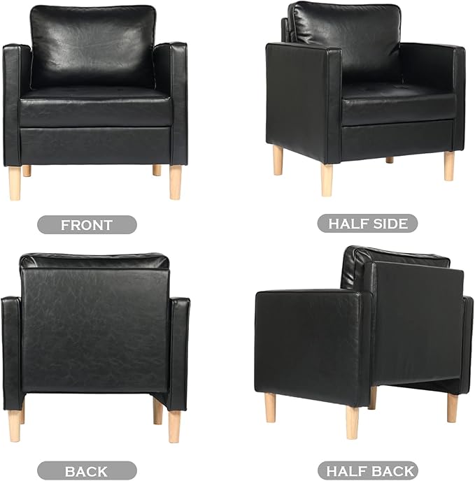 STHOUYN Black Faux Leather Accent Chairs Set of 2 Small Living Room Bedroom Chairs Comfy Reading Chair Single Sofa for Adults Suitable Small Spaces Office Couch Easy Assembly