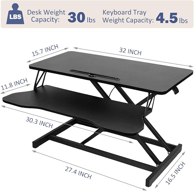 32 Inch Home Office Desk Converter Height Adjustable Sit to Stand Riser Dual Monitor Laptop Workstation with Wide Keyboard Tray (Black)