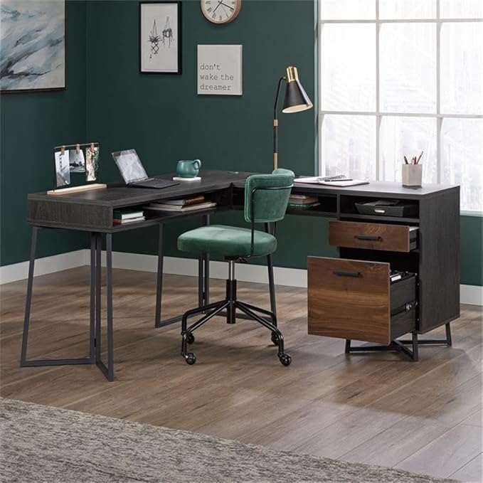 Pemberly Row Contemporary L-Shaped Computer Desk Engineered Wood and Metal Brew Oak Finish 57.48 in W 2 Drawers Cubbyhole Storage Cord Management Home Office Workstation