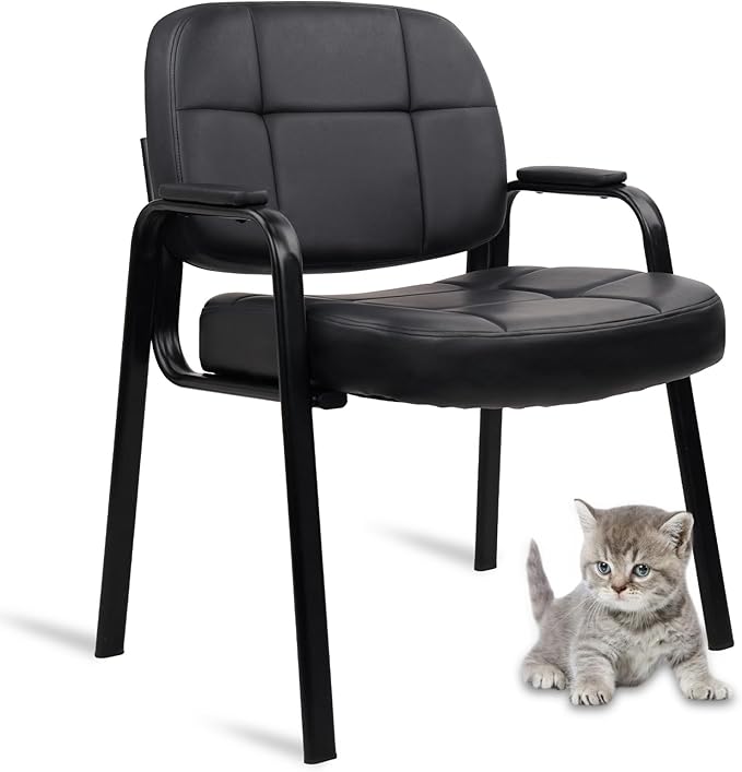 CLATINA Big &amp Tall 500 lbs Leather Office Reception Chair No Wheels with Padded Arms Waiting Room Guest Chair for Elderly Home Desk Conference Room Lobby Side Salon Clinic Black