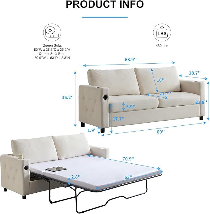 PUREMIND Queen Pull Out Sofa Bed 2-in-1 Velvet Sleeper Sofa with USB &amp Cup Holders 67 Sleeper Loveseat Couch Bed with Folding Mattress Pull Out Couch for Living Room Small Spaces Beige