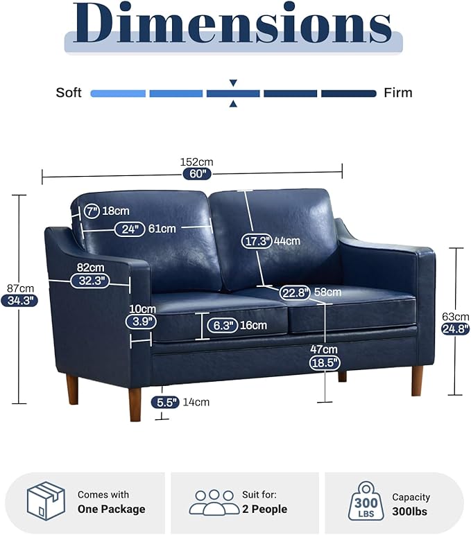 Kingfun 56 Faux Leather Sofa Loveseat Couch Mid Century Modern Love Seat Couches with Solid Wood Frame for Living Room &amp Bedroom Royal Blue