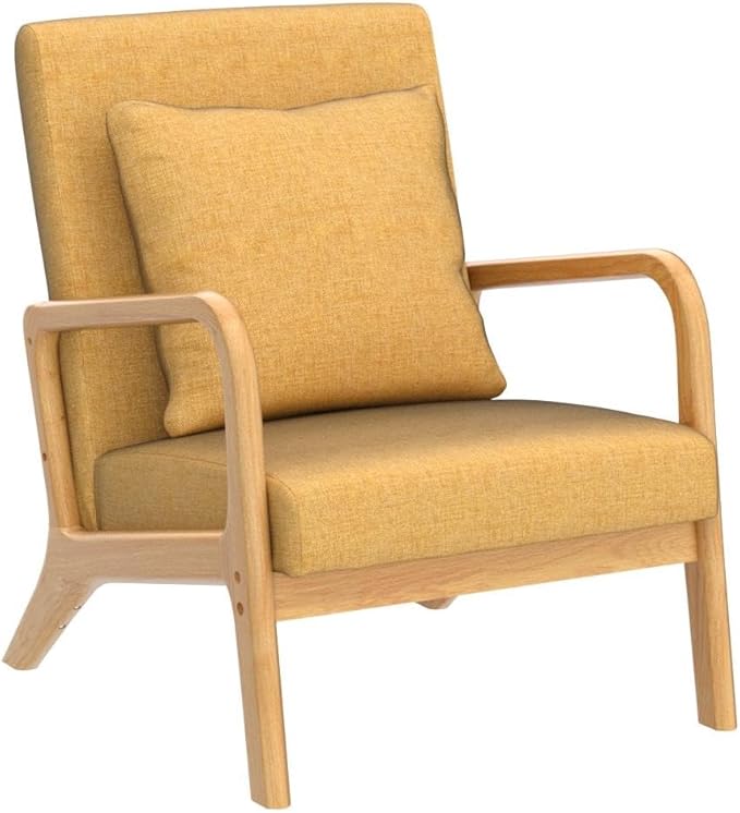 ELUCHANG Mid-Century Modern Accent Chair Upholstered Premium Linen Fabric Armchair with Wooden Frame LegsComfy Living Room Chairs Lounge Chair for Bedroom (Yellow 1 PC)