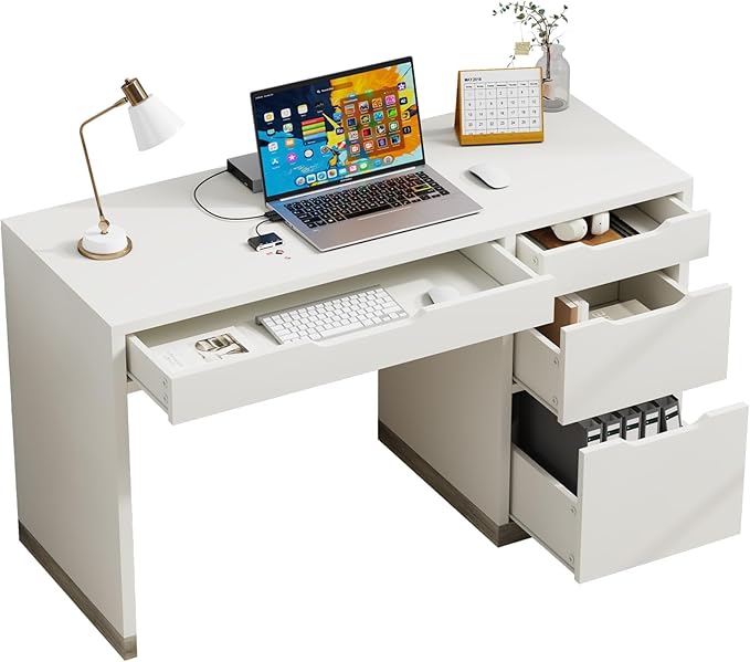 52 Inch White Desk with 4 Drawers Computer Desk with Storage for Small Spaces with Storage File Drawer Small Home Office Desk with Drawers for Bedroom