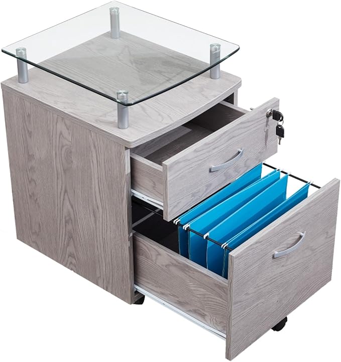 Rolling Glass Top File Cabinet Mobile Filing Cabinet w/Lock 5 Smooth Casters &amp Hanging File Drawers for Home OfficeCompact Printer Stands Storage Organizer w/Spacious Storage Space for A4/Legal
