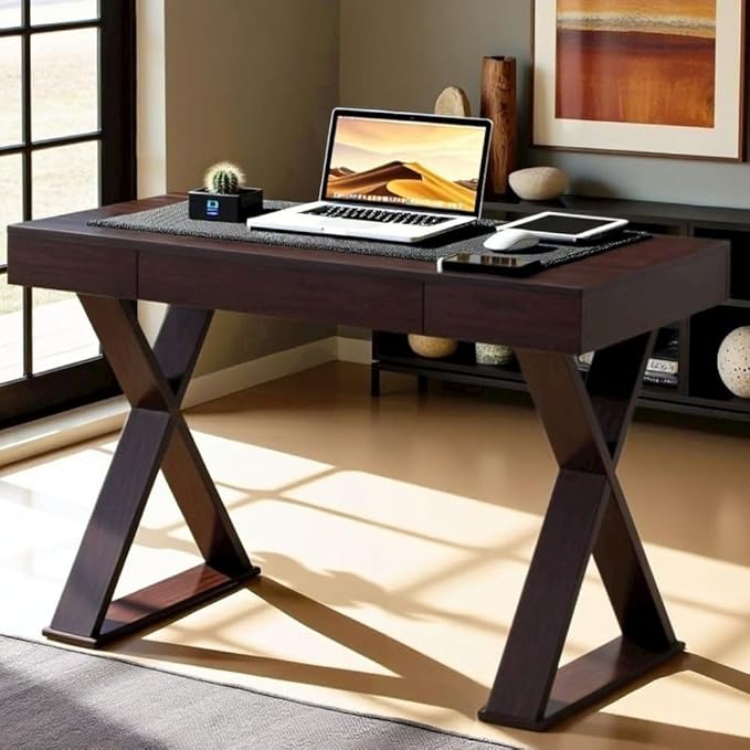 Brown Home Office Desk with Center Drawer Stylish Espresso Modern Computer Desk with Wood Finish and X-Shaped Steel Support Frame