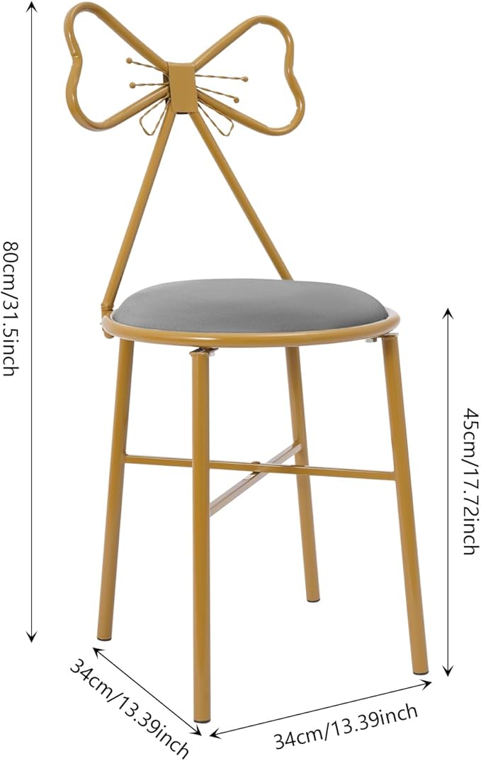 Modern Vanity Chair StoolCute Makeup Chair w/Butterfly BackrestGirl's Stool Ottoman BenchMetal Bench Legs Gold Dining ChairBow Knot Design Seat for Bedroom Living Room (Grey Velvet)