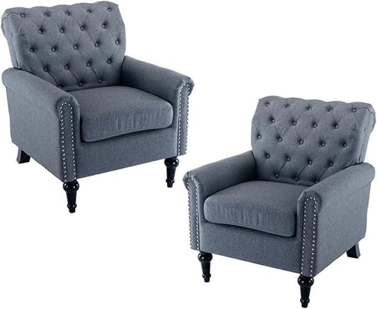 Upholstered Accent ChairsMid Century Armchair Sofa ChairsComfy Living Room ChairButton Tufted Reading Chair for Living Room BedroomStudy (2 Dark Grey)