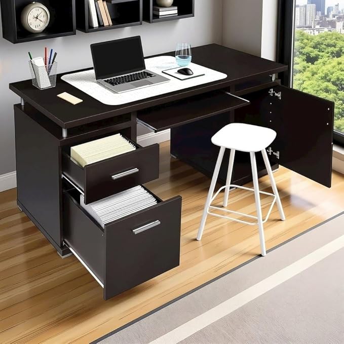 55-Inch Office Desk with Drawers – Brown Computer Desk with Storage Keyboard Drawer File Cabinet and Shelves for Home Office
