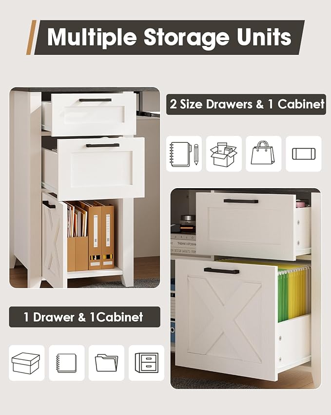 HOPUBUY Farmhouse L Shaped Executive Desk with Drawers 59''Home Office Corner Desks with Charging StationFile CabinetsStorage Compartments Wood Computer Desk Writing Table w/Keyboard TrayWhite