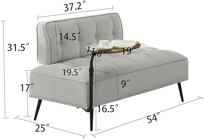 KEIKI 54 2Seat Velvet Loveseat Sofa Couch Rotating Side Table Memory Foam for City Apartment Bedroom Studio Style Conscious Homeowners Luxurious Elegant Sophisticated Refined Quality Design Gray