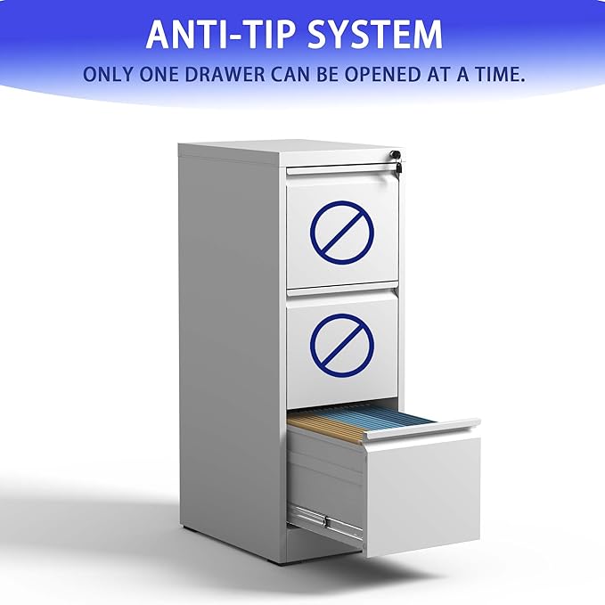 3 Drawer Metal Vertical File Cabinet with Lock Office Home Steel Vertical File Cabinet for A4 Legal/Letter Size (White)