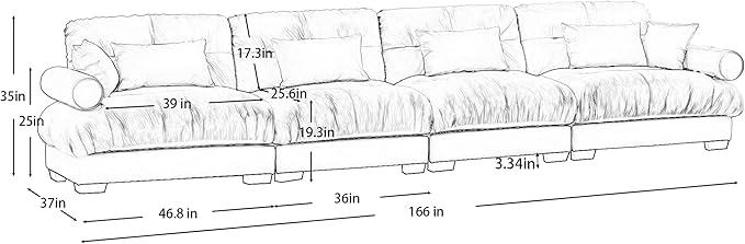 166 Oversized Modular Sectional Sofa 4-Seater Cloud Couch with Pillows Deep Seat Velvet Modular Sectional Sofa with Overstuffed Cushions for Living Room Home Theater Apartment Camel
