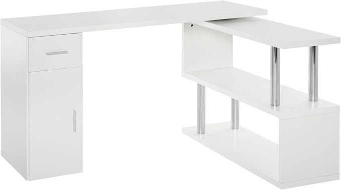 Rotating Computer Desk 55 L Shaped Desk Corner Desk with Storage Shelves Cabinet and Drawer for Home Office White