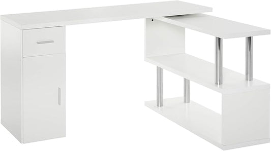 Rotating Computer Desk 55 L Shaped Desk Corner Desk with Storage Shelves Cabinet and Drawer for Home Office White