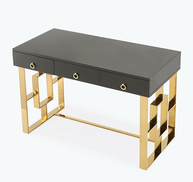 First of a Kind Brooke Mid Century Modern Gloss Lacquer Computer Desk - Home Office Desk with Drawers - Writing Desk for Luxurious Touch - Versatile PC Desk Grey/Gold
