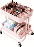 2 Tier Rolling Cart with Wheels for Under Desk Storage Pink Small Rolling Pantry Storage Cart for Small Space Metal Short Utility Shelf for Vanity Kitchen Bathrrom Laundry Organization