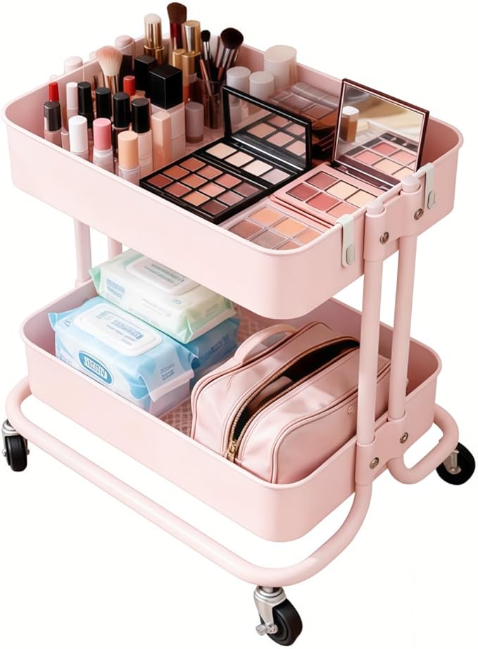 2 Tier Rolling Cart with Wheels for Under Desk Storage Pink Small Rolling Pantry Storage Cart for Small Space Metal Short Utility Shelf for Vanity Kitchen Bathrrom Laundry Organization