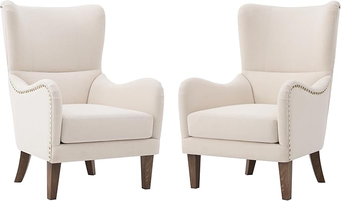 Mid-Century Modern Wingback Club Chairs Set of 2 Fabric Living Room High-Back Accent Chair 2 Piece Classic Armchair for Apartment Office Studio Beige