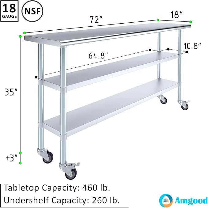 AmGood Stainless Steel Work Table with 2 Shelves and Casters | Metal Utility Table On Wheels (Stainless Steel Work Table with 2 Shelves + Casters 72 Long x 18 Deep)