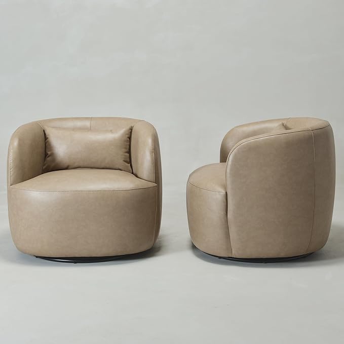 KINWELL Faux Leather Swivel Armchair Set of 2 No Assembly Upholstered PU Leather Swivel Accent Chairs with Toss Pillow for Living Room Office Lounge Khaki
