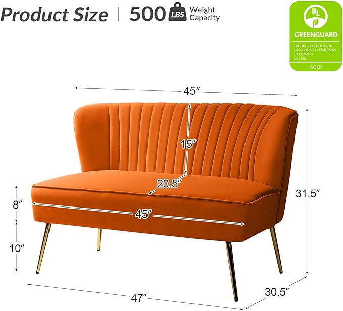 HULALA HOME Velvet Loveseat Sofa with Gold Legs Mid-Century Modern Upholstered Love seat Couch Tufted Small 2-Seat Sofa Armless for Living Room Bedroom Apartment Small Spaces Orange