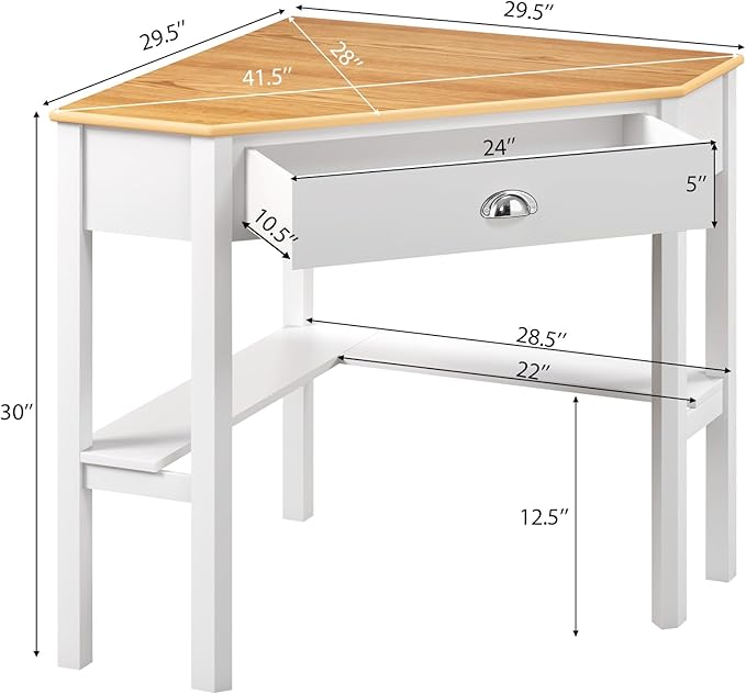 POWERSTONE Corner Desk with Drawer &amp Storage Shelves Small Triangle Writing Table Computer Desk Corner Vanity for Home Office Small Space Natural
