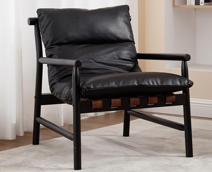 Kmax Modern Sling Accent Chair Upholstered PU Leather Living Room Chair Comfy Lounge Chair Solid Wood Frame Arm Chair for Bedroom Reading Room Black