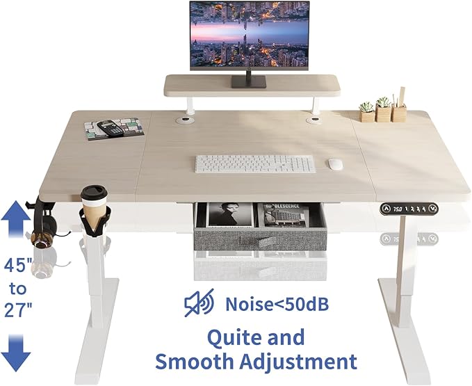 Electric Standing Desk with Drawer 55x30 Inches Height Adjustable Sit Stand Up Desk with Storage Shelf Home Office Desk Computer Workstation with White Pearwood Top/White Frame