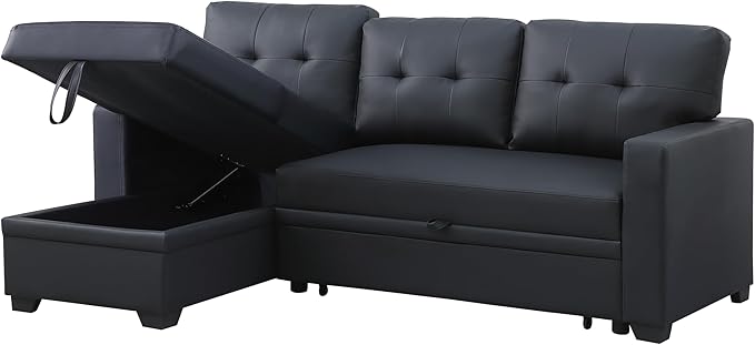 ERYE 82-inch Pull Out Sleeper Couch Bed L-Shaped Reversible Sleeper Sectional Sofa Faux Leather Tufted Upholstered Corner Convertible Sofa Bed with Storage Chaise