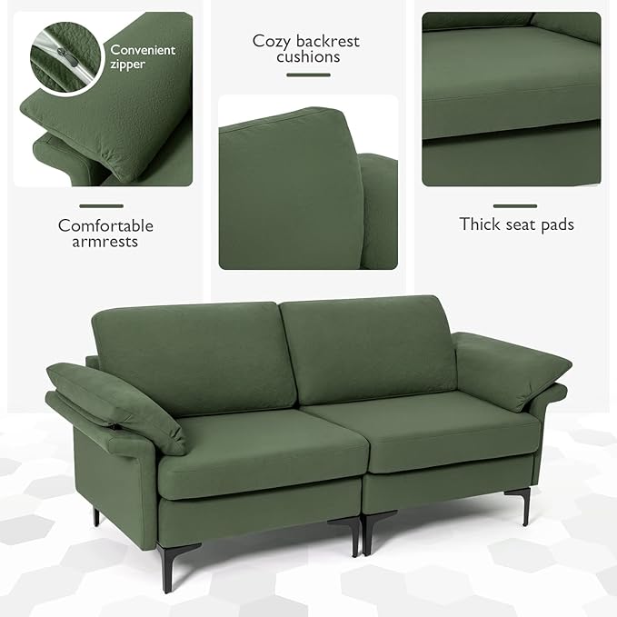 Giantex 72.5 L Loveseat 2-Seat Sofa Couch with Removable Armrest Pillows Metal Frame Legs Comfy Cushions Modern Furniture for Living Room Reception Room Office Easy Assembly Green