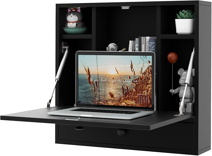 Tangkula Wall Mounted Desk Folding Floating Wall Mount Laptop Desk Space Saving Wall Mounted Table with Storage Drawer &amp Shelves (Black)
