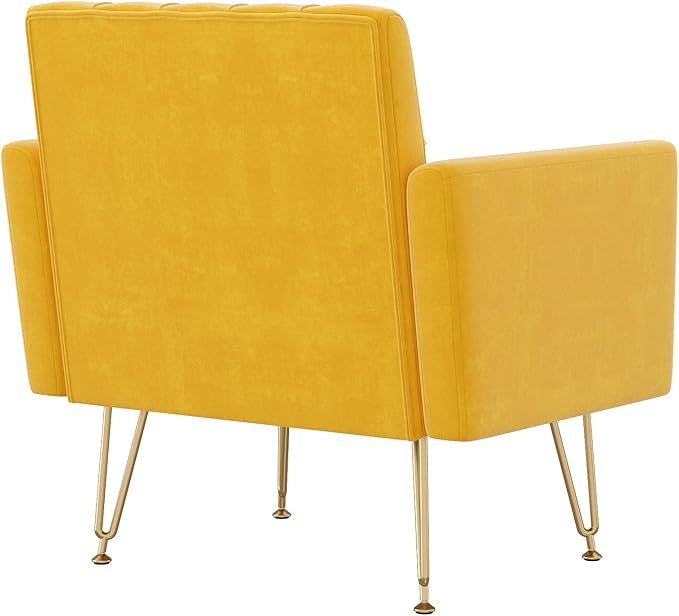 KEIKI Small Velvet Accent Chair 31 Inch Modern Tufted Upholstered Armchair with Metal Leg Comfortable Single Sofa Side Reading Chairs Comfy Arm Chair for Bedroom Living Room Easy Assembly Yellow