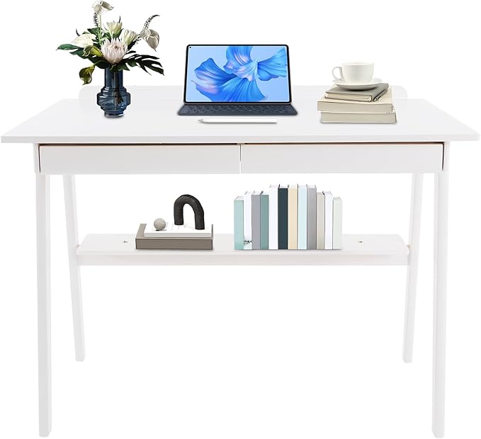 Modern Computer Desk with 2 Drawers &amp Storage Shelf Solid Wood Writing Desk for Home Office 39.3 Large Desktop 330 lbs Load Capacity Ergonomic Study Table (White)