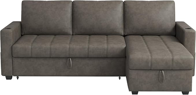 Fadware 89” L Shape Sofa Sleeper Sectional Sofa Bed with Hidden Storage&amp Side Pocket Anti-scratch Faux Leather Couch Bed with ChargePort&amp CupHolder Modern Piano Design Pull Out Couch for Li