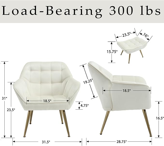 Velvet Accent Chair with Ottoman Modern Upholstered Reading Chair with Ottoman Comfy Lounge Armchair with Gold Metal Legs for Small Spaces Living Room Bedroom Book Nook Off White