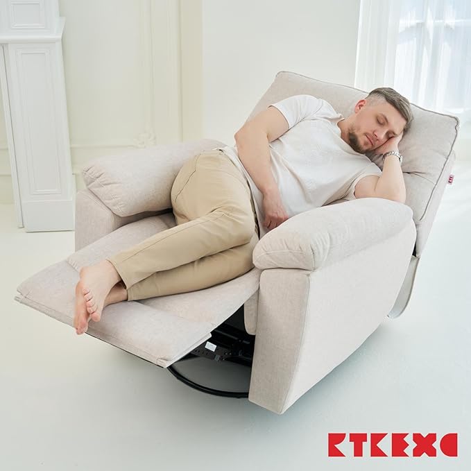 Reclining Sofa Rocking Recliner Chair Manual Adjustable 360 Swivel with Ergonomics Overstuffed Lumbar Arm Support Natural Fabric Surface Made for Living Room Bedroom Nursery Milk White