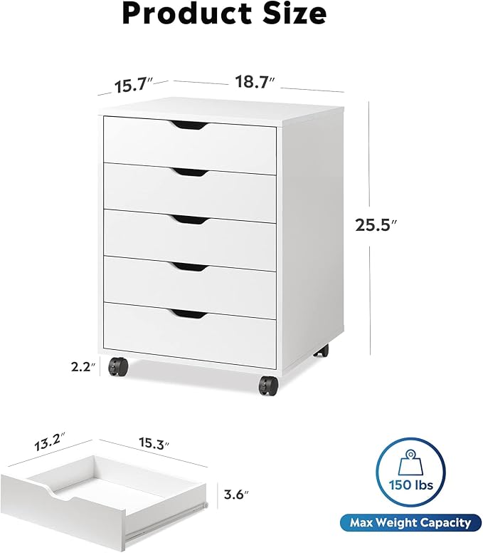MIN WIN 5 Drawer File Cabinet Wood Under Desk Filing Cabinet Mobile Printer Stand Rolling Storage Organizer with Lockable Casters for for Home Office Small Spaces Rustic