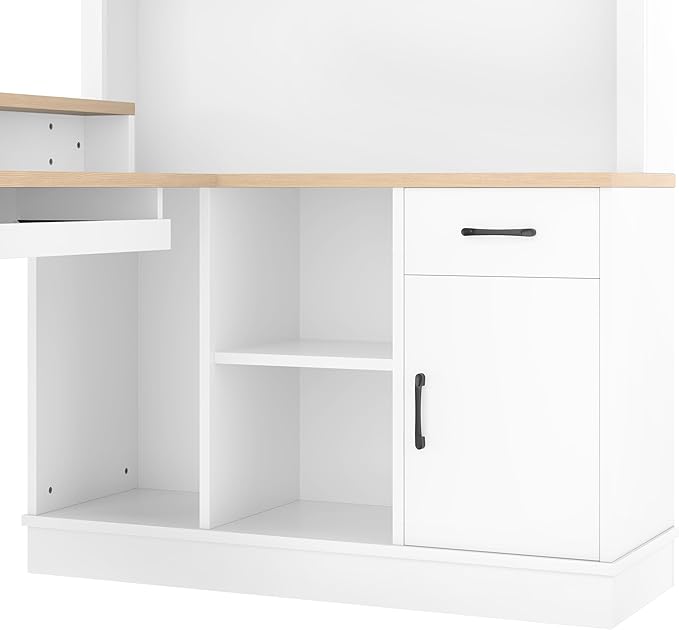 L-Shaped Computer Desk with Outlet Drawers Bookshelf Modern Corner Desk L-Shaped Study Table Writing DeskCorner Gaming Computer Desk with Storage (White-01)