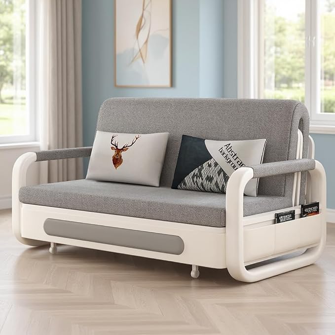 59.8 Versatile Pull-Out Sofa Bed – Modern Versatile Futon Sleeper Couch Daybed with Trundle Perfect for Living Room &amp RV Gray/White